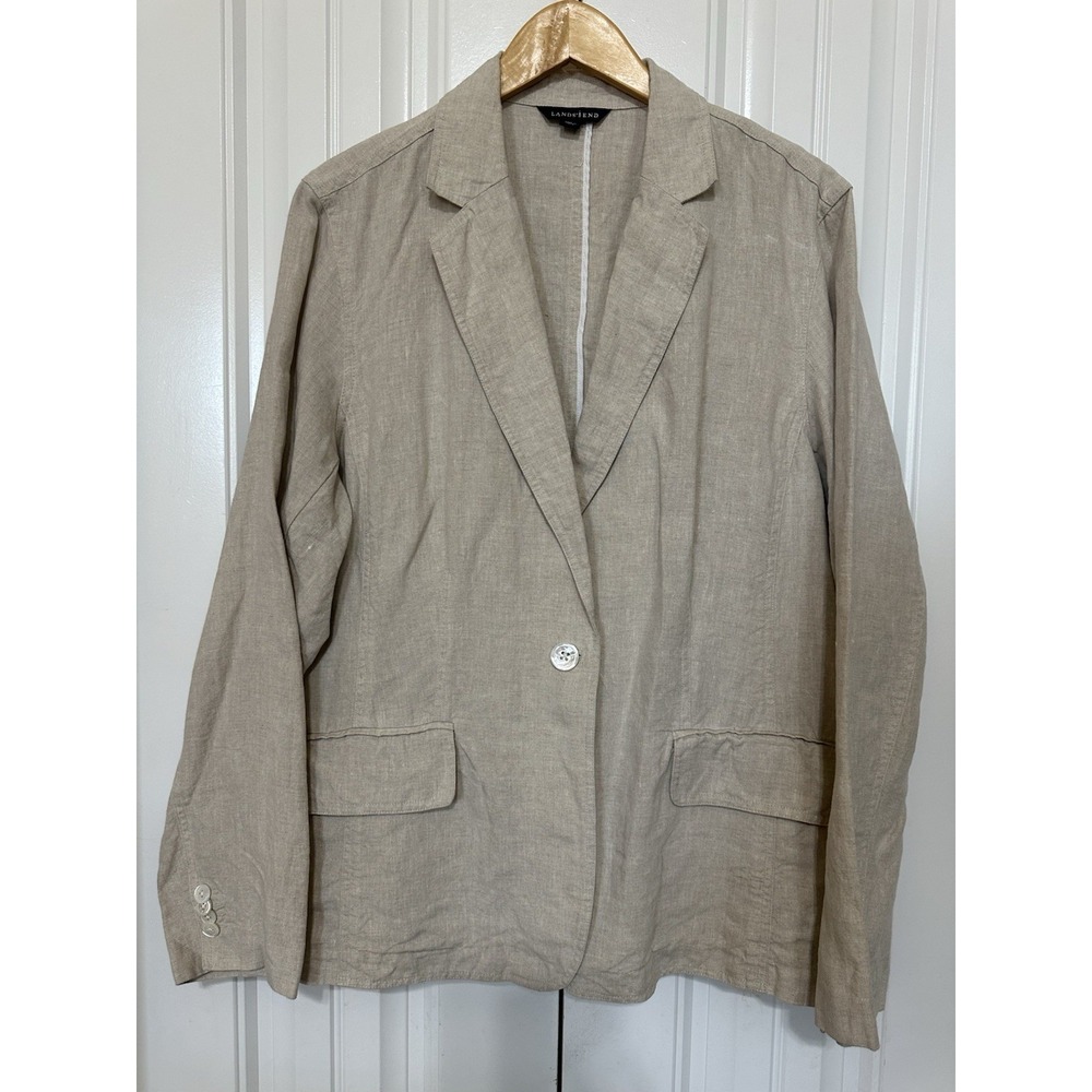 Lands End Women's Jacket 20W Beige 100% Linen Casual Blazer Neutral Lightweight
